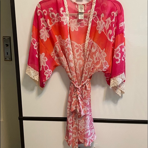 Boho Anthropologie “In Bloom” Silk Sheer Red & Pink🌺Floral & Lace Robe w/Belt - Picture 14 of 16